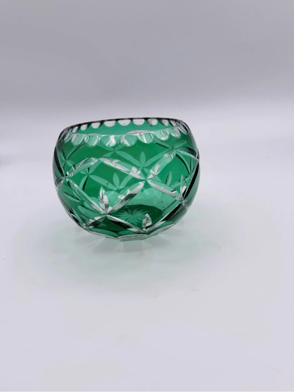 Source Unknown Emerald Green Cut-Glass Votive Bowl
